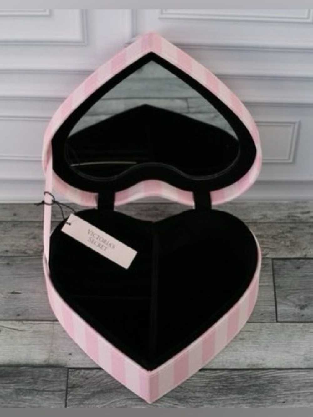 Victoria's Secret Pink Striped Heart Jewelry Box with Black Interior